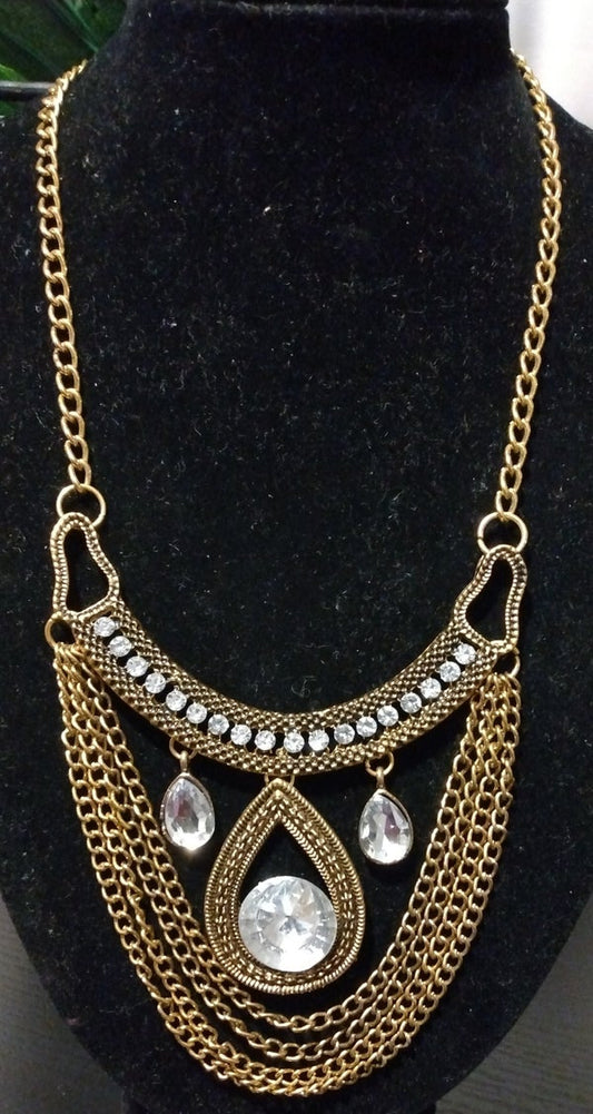 BIG COLLAR NECKLACE pendant CHAINS rhinestone crystal MESH vintage gold plated