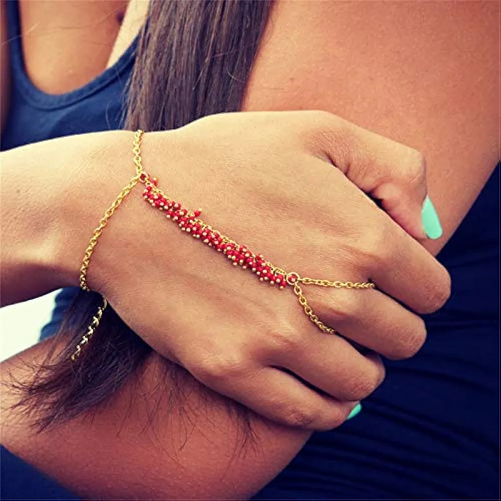 Obmyec Boho Hand Chain Seed Finger Chain Bracelets Beaded Slave Bracelet Fashion Hand Bracelet for Women and Girls (Red)