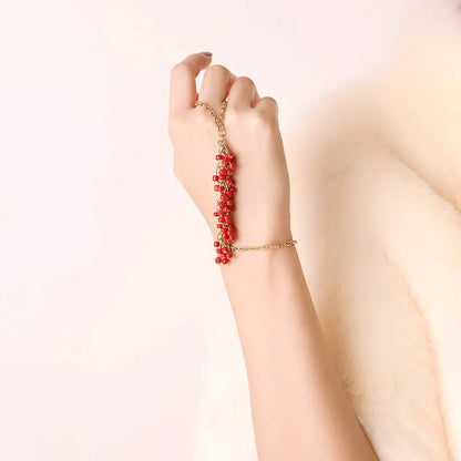 Obmyec Boho Hand Chain Seed Finger Chain Bracelets Beaded Slave Bracelet Fashion Hand Bracelet for Women and Girls (Red)